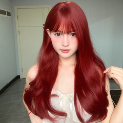 Cheng Ming Wig for Women, Rose Red Long Curly Hair, Big Waves, Breathable, Summer New Style, Fashionable Air Bangs, Full-Head Style