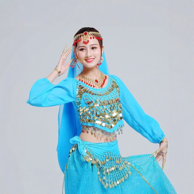Indian dance costume, belly dance performance outfit, Western-style dancer costume, Jasmine princess performance set, including head veil and head chain accessories