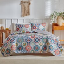 跨境通用数码印花绗缝床盖三件套可机洗防滑耐磨家用酒店支持代发