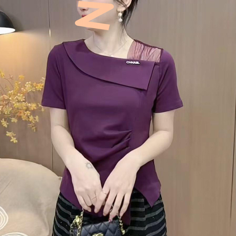 【5135人】イレギュラースリット半袖Tシャツ2025夏新作メッシュパッチワークウエストゆったり着痩せ|undefined