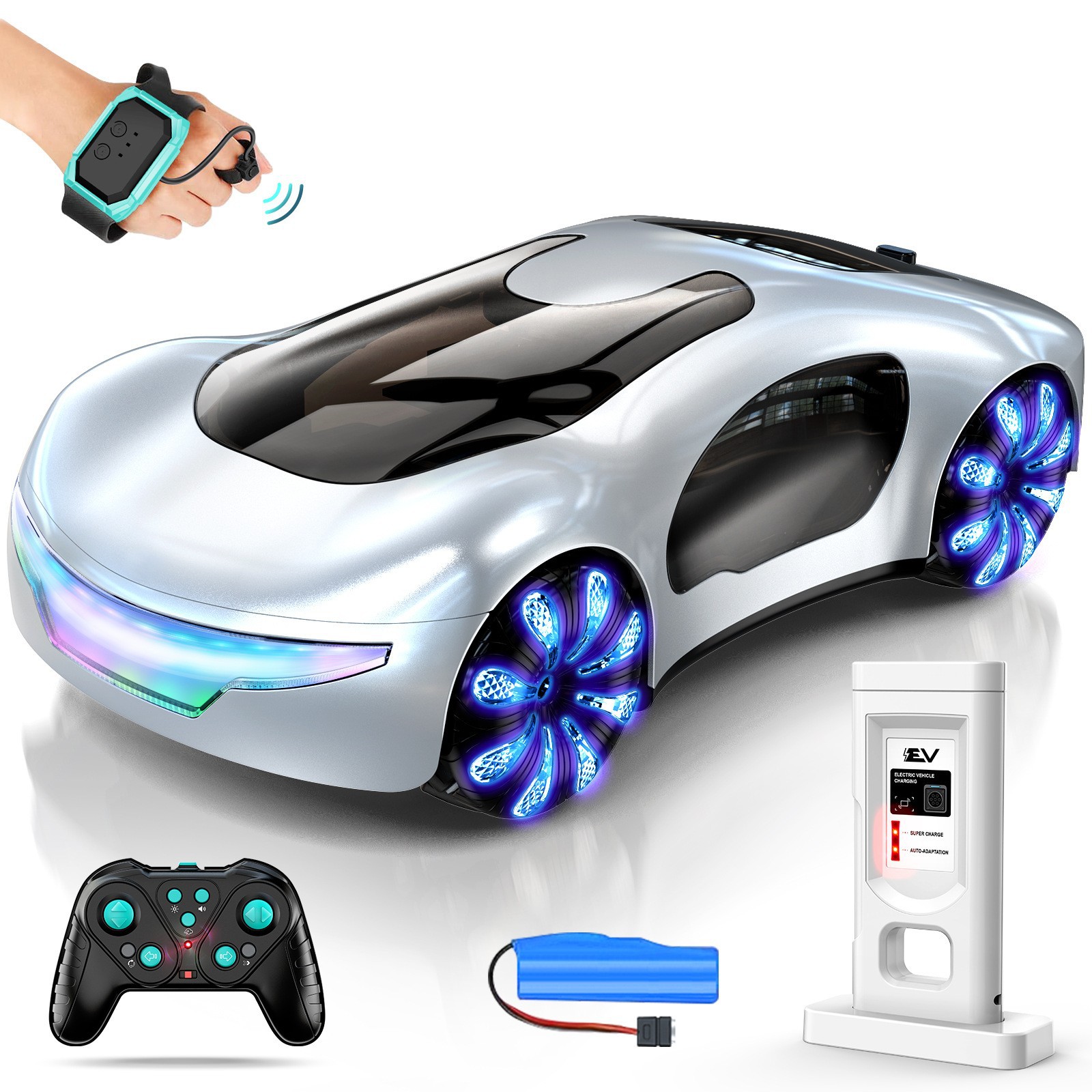 Transfronterizo 2.4G coche concepto de control remoto inducción de gestos doble spray truco concepto de coche de control remoto música de ciencia ficción coche de juguete