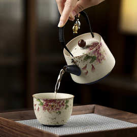 青花火石红金丝牡丹茶壶陶瓷家用一壶一杯功夫茶具礼盒套装伴手礼