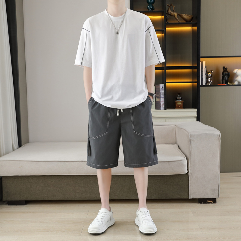 Hombres de verano nuevo color sólido simple pantalones cortos de manga corta dos piezas casuales sueltos y versátiles set de tamaño grande