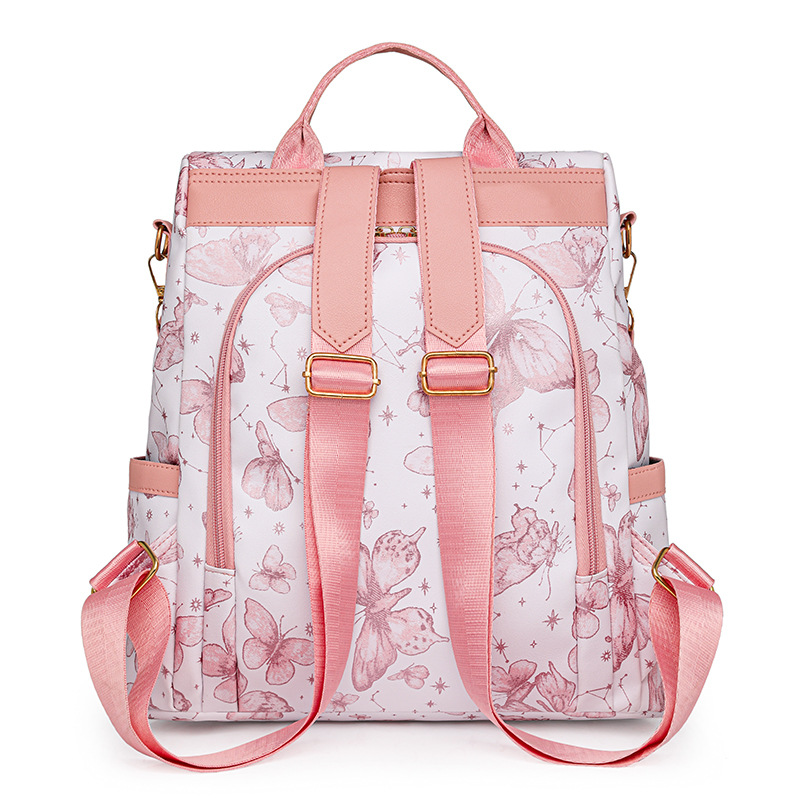 2024 nuevo estilo mariposa estampado antirrobo señoras mochila moda contraste color al aire libre viaje mochila de tres usos al por mayor marea