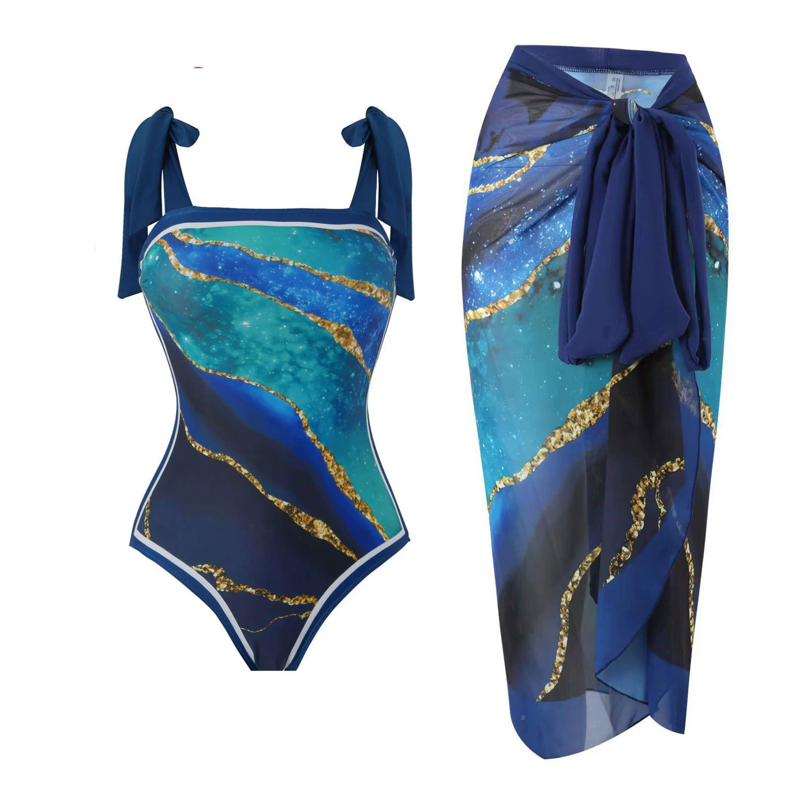 One-Piece Swimsuit (Qiao Jiayuan) 2025 Retro Style with Wrap Skirt, Crane Print, S–XL & One Size