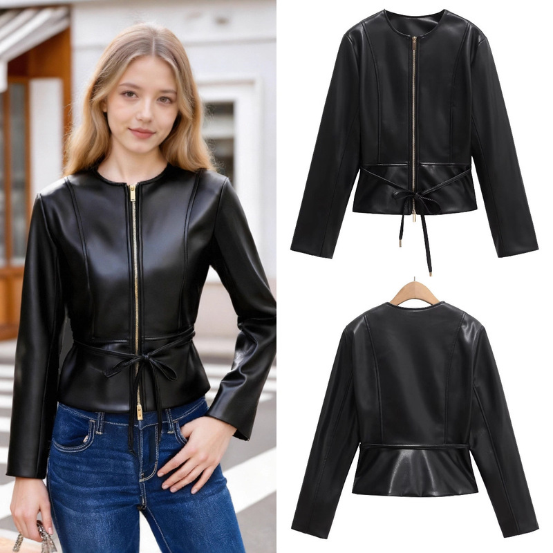 Za Foreign Trade Cross-Border Wholesale European and American Style Women's Autumn Popular Fashion Retro Belt Women's Leather Jacket