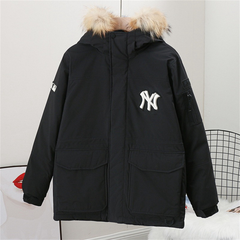 韩国跨境MLB羽绒服洋基队工装大毛领中长款男女款白鸭绒派克外套|undefined