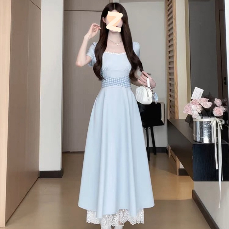 松本中长款拼接蕾丝法式气质方领格子绑带夏季设计感时尚连衣裙|undefined