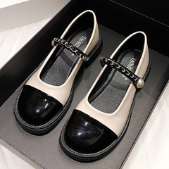 葡萄媽同款 法式溫柔一字帶復古拼色珍珠瑪麗珍單鞋女夏季款