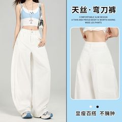 ホワイトテンセルリヨセルシミタージーンズアメリカンシルエットルーズハイウエストカジュアルパンツデニム夏薄手