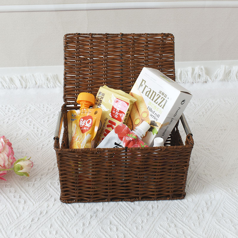Cesta de almacenamiento con tapa snack caja de almacenamiento de artículos diversos caja de almacenamiento de escritorio caja de almacenamiento de ratán de juguete caja de almacenamiento tejida cesta doméstica