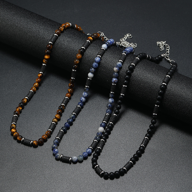 Cross-border European and American Fashion Trend Design Handmade Beaded Natural Tiger Stone Natural Stone Neck Chain Bohemian Necklace