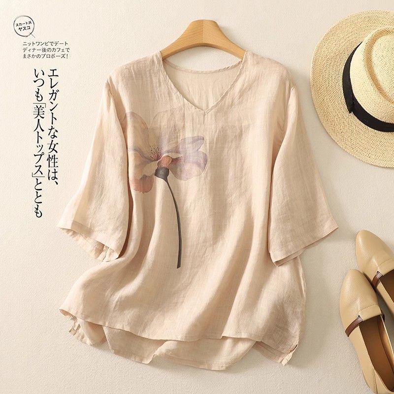 文艺洋气印花棉麻五分袖T恤女夏季减龄显瘦妈妈套头麻料小衫上衣