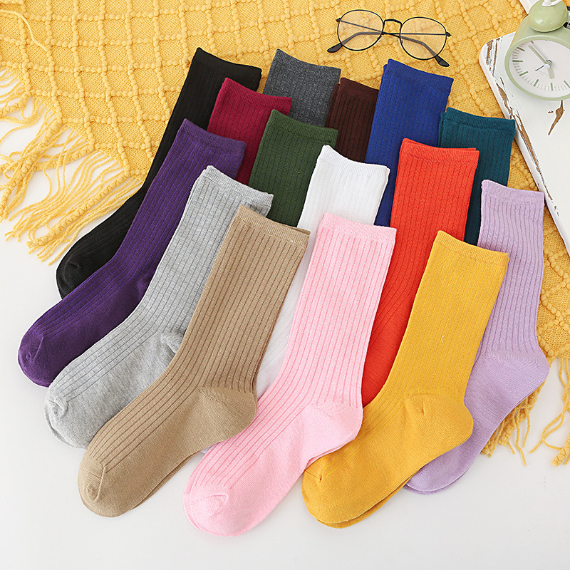 秋冬新款雙針襪子五雙裝純色彩棉豎條紋長筒襪堆堆襪女長筒襪批發