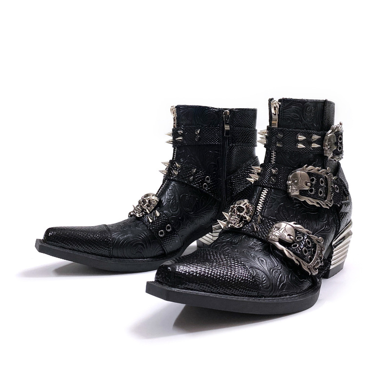 In Stock】Pointed-Toe Chelsea Boots for Men, Punk Metal Western Cowboy Boots, Unisex Niche Design Dark Wizard Boots