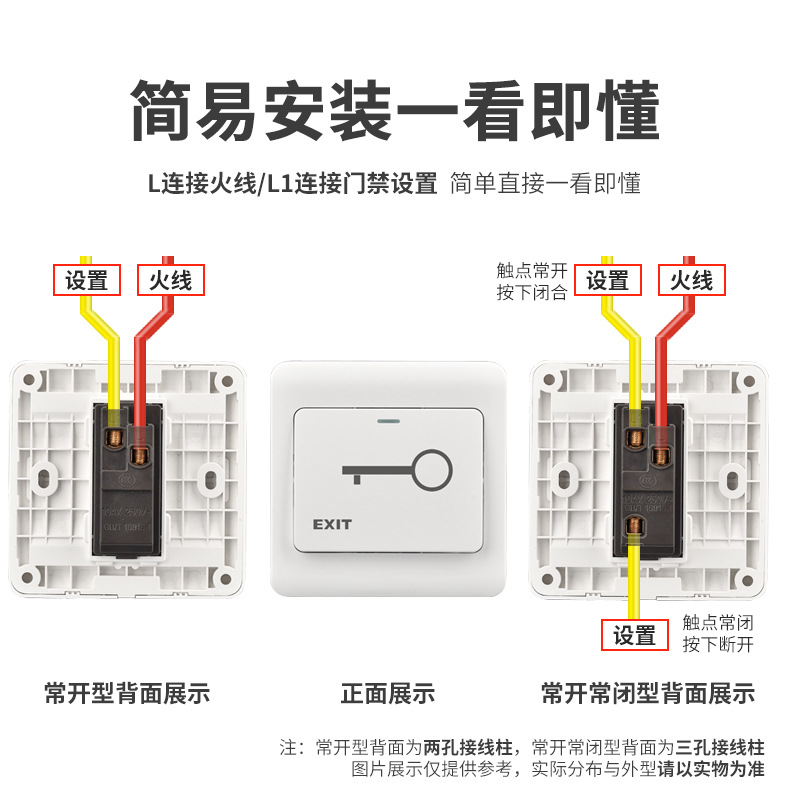 Type 86 concealed access control switch button plastic exit switch automatic reset switch panel unlock button