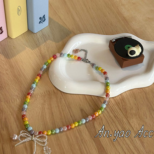 Vigorous Colorful Beaded Stitching Pearl Bow Necklace Women's Sweet Elegant Elegant Necklace Clavicle Chain
