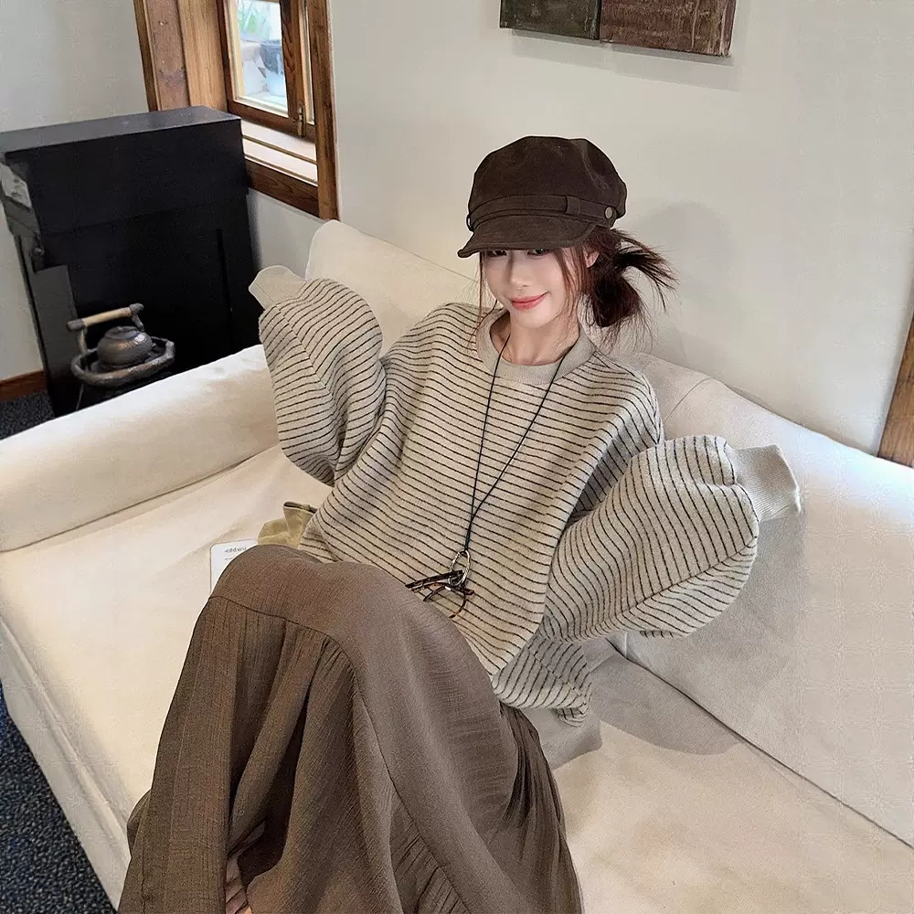 oversize仿兔绒条纹长袖卫衣男秋季小众设计感韩系宽松慵懒风外套