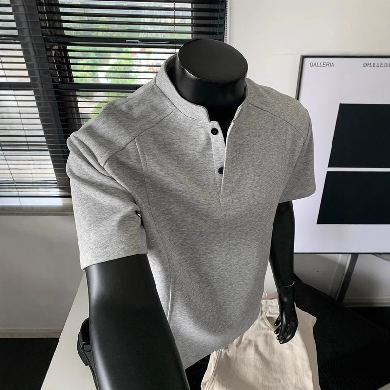 Cross-Border American Retro Henry Collar T-Shirt for Men, Summer Short-Sleeve Slim-Fit Cropped Top Polo Shirt for Men