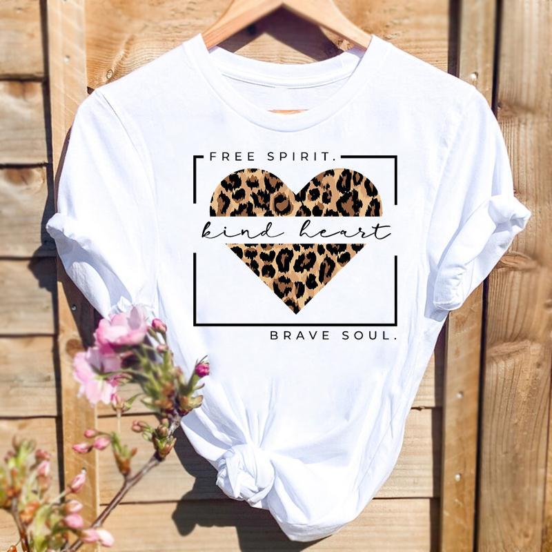 105g Weight Short Sleeve Sleeve Length Pullovers Placket Type Regular Sleeve Sleeve Type Spandex, Polyester Fabric Type Regular Top Length T-shirt Tops Type Daily Occasion Round Neck Neckline Loose Fit Type Letter, Heart Shape, Leopard Pattern Summer, Spring Season Women's Gender Printing Design Simple Style, Streetwear Style Wholesale Women's Simple Style Streetwear Letter Heart Shape Leopard Short Sleeve Printing T-Shirts 1