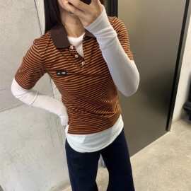天花板毒家新品原标MIU缪家女款美拉德色修身条纹Polo领短袖T恤