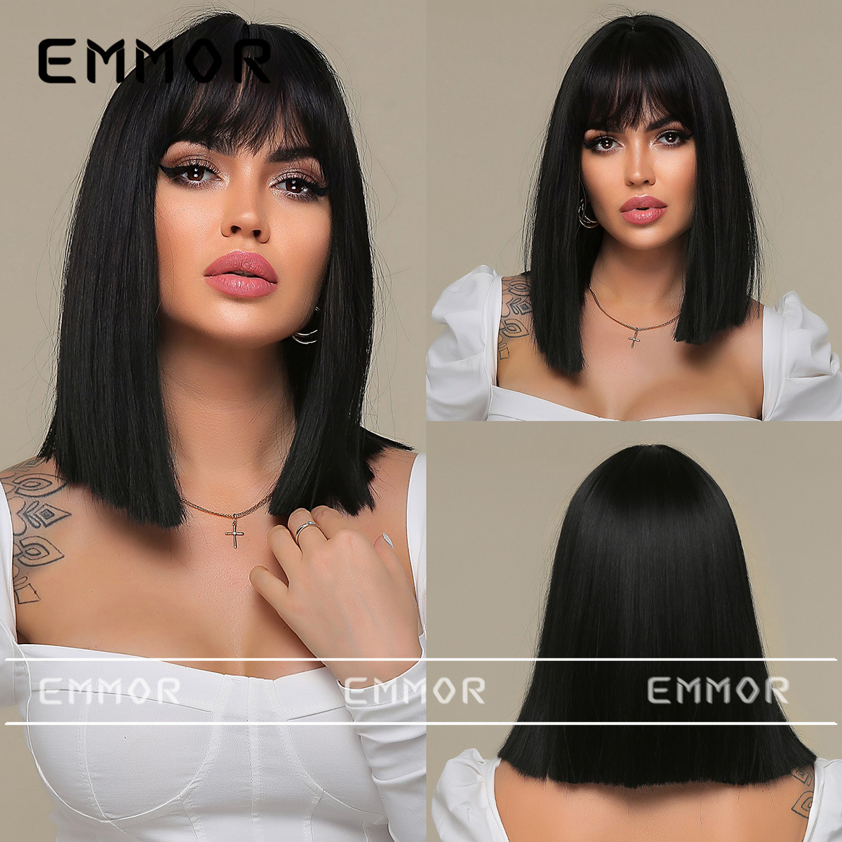 Comercio exterior europeo y americano moda transfronteriza nueva peluca femenina negro natural recto Bangs hombro Bobo pelo corto recto cubierta de la cabeza completa