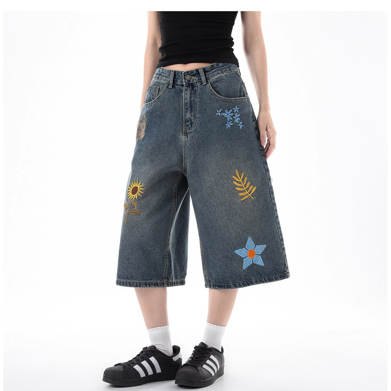 Sunflower Embroidered Straight-Leg Jeans for Women, Spring Mid-Waist Pear-Shaped Versatile Slimming Casual Pants, Loose Cropped Pants