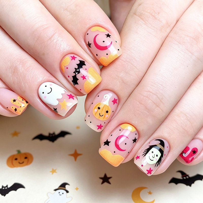 Short Halloween Square-Shaped Cartoon Nails with Contrasting Colors, Bat, Ghost Face, Pumpkin, Cute Style, 24 Pieces, Removable Fake Nails Short Halloween Square-Shaped Cartoon Nails with Contrasting Colors, Bat, Ghost Face, Pumpkin, Cute Style, 24 Pieces, Removable Fake Nails
