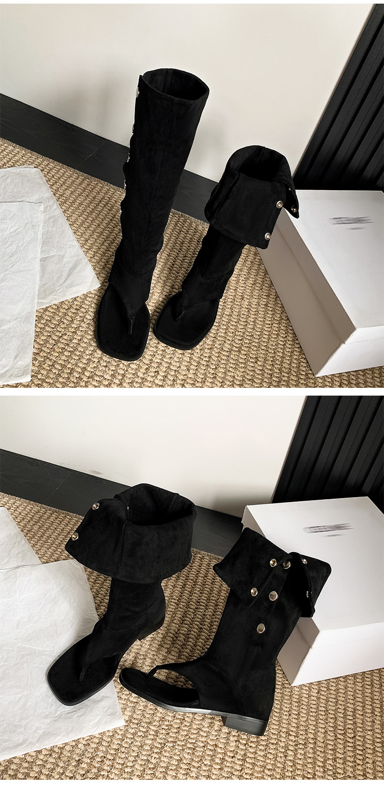 Boot cao gót xỏ ngón hai kiểu mỏng ống quần mùa hè, phong cách cao bồi tây, mũi vuông — Màu đen chi tiết 15