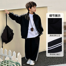 男童匹布烫砖拉条休闲运动套装黑色春秋运动轻便儿童透气宽松透气