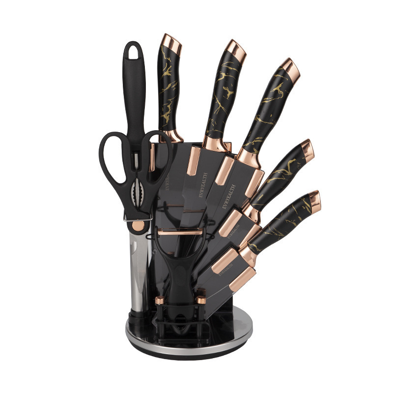 asiento giratorio de acero inoxidable con asiento de cuchillo de mármol mango conjunto de cuchillo conjunto de herramientas de cocina conjunto de nueve piezas doble cabeza galvanizada
