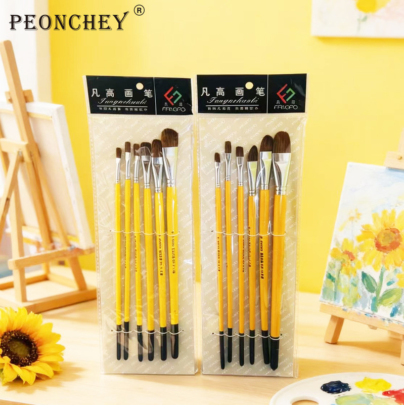 Van Gogh 826 Wolf Hair Gouache Watercolor Acrylic Art Oil Painting Brush Set for Children Beginners, Set of 6 Brushes