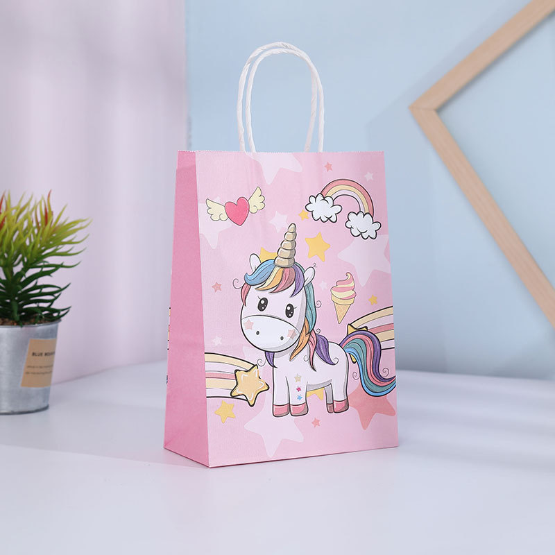 Cartoon unicornio kraft bolsas de mano de regalo de fiesta de cumpleaños de niños bolsas de regalo de jardín de infantes al por mayor