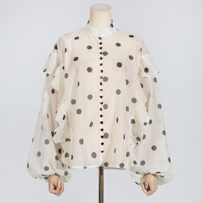 Australian Show Polka Dot Set Women Trendy Scarf Collar Ruffled Shirt Top Long Skirt Sets