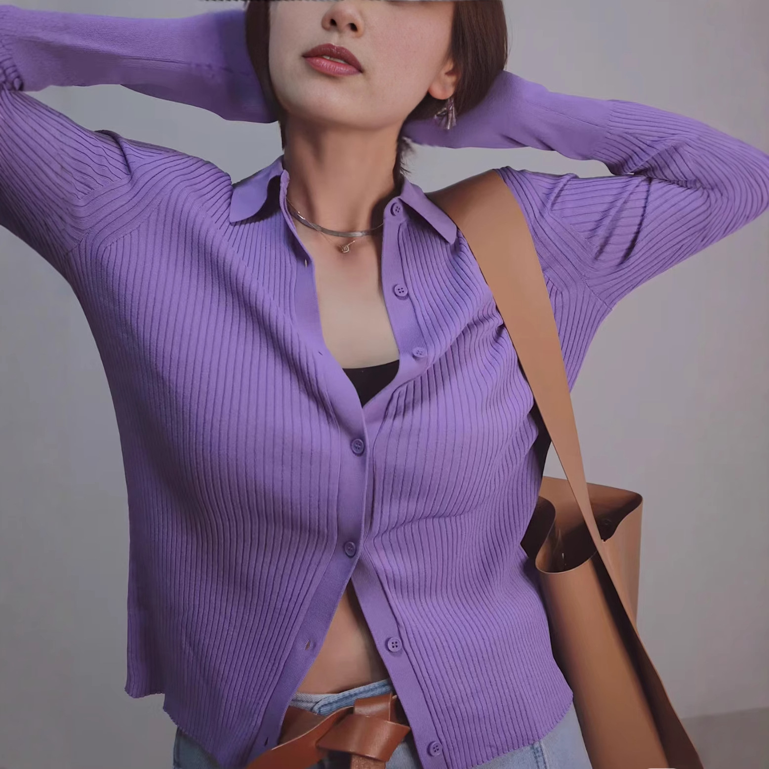 C家秋新款女装修身紫色罗纹针织女开衫上衣短款t恤polo针织衫外搭