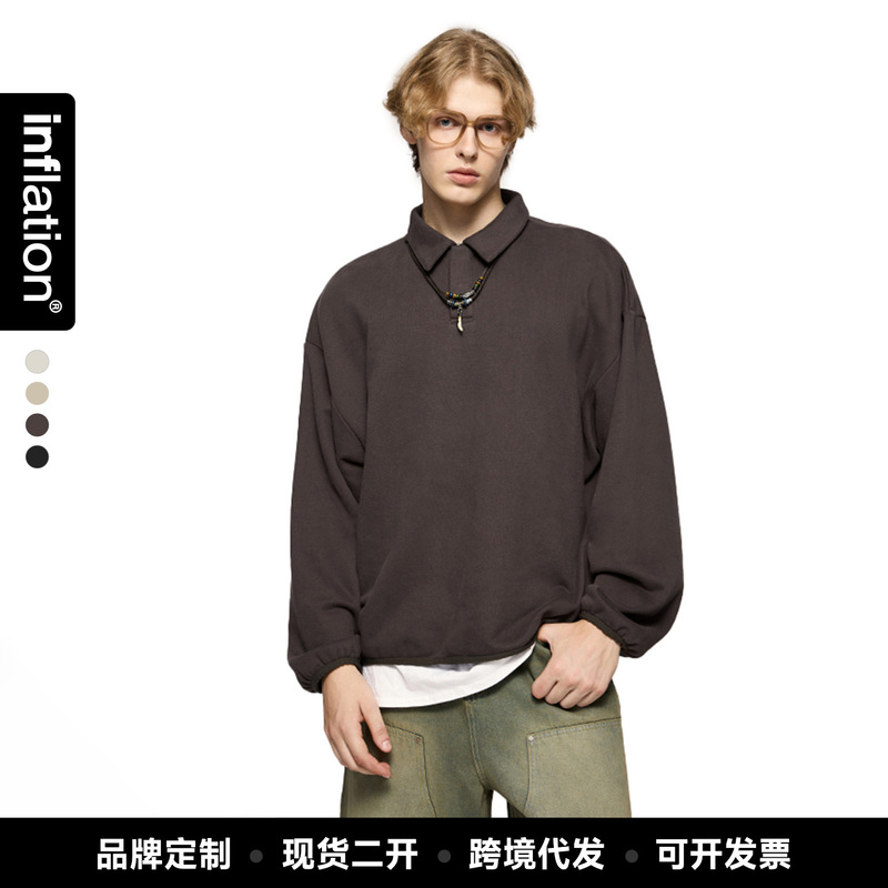 Jie Zhan Men's Clothing | Fog Lapel Fleece Sweatshirt 2026 Spring New Fashion Brand American Style Polo Collar Pullover Top