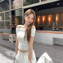 白色法式一字領彈力針織衫短袖襯衫女夏季新款甜美風修身短款上衣