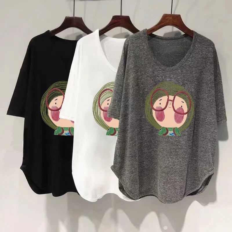 Short-Sleeved T-Shirt for Women, Summer Loose Fit, Korean Style, Printed, Mid-Length, Uv Collar, Curved Design, Plus Size for Plus-Size Women, 150kg Slimming Top Short-Sleeved T-Shirt for Women, Summer Loose Fit, Korean Style, Printed, Mid-Length, Uv Collar, Curved Design, Plus Size for Plus-Size Women, 150kg Slimming Top