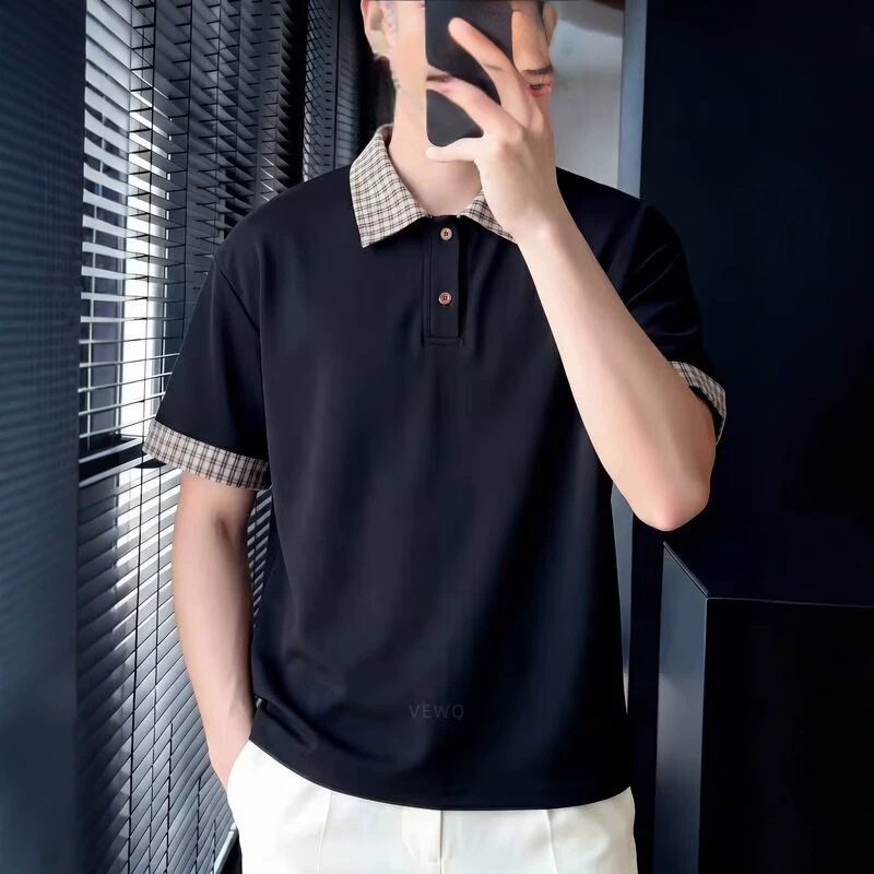 Men's Summer Plaid Patchwork Collared Polo Shirt Short Sleeved American Trendy Brand Versatile Loose Fit T-Shirt for Teenagers_viptrois.com