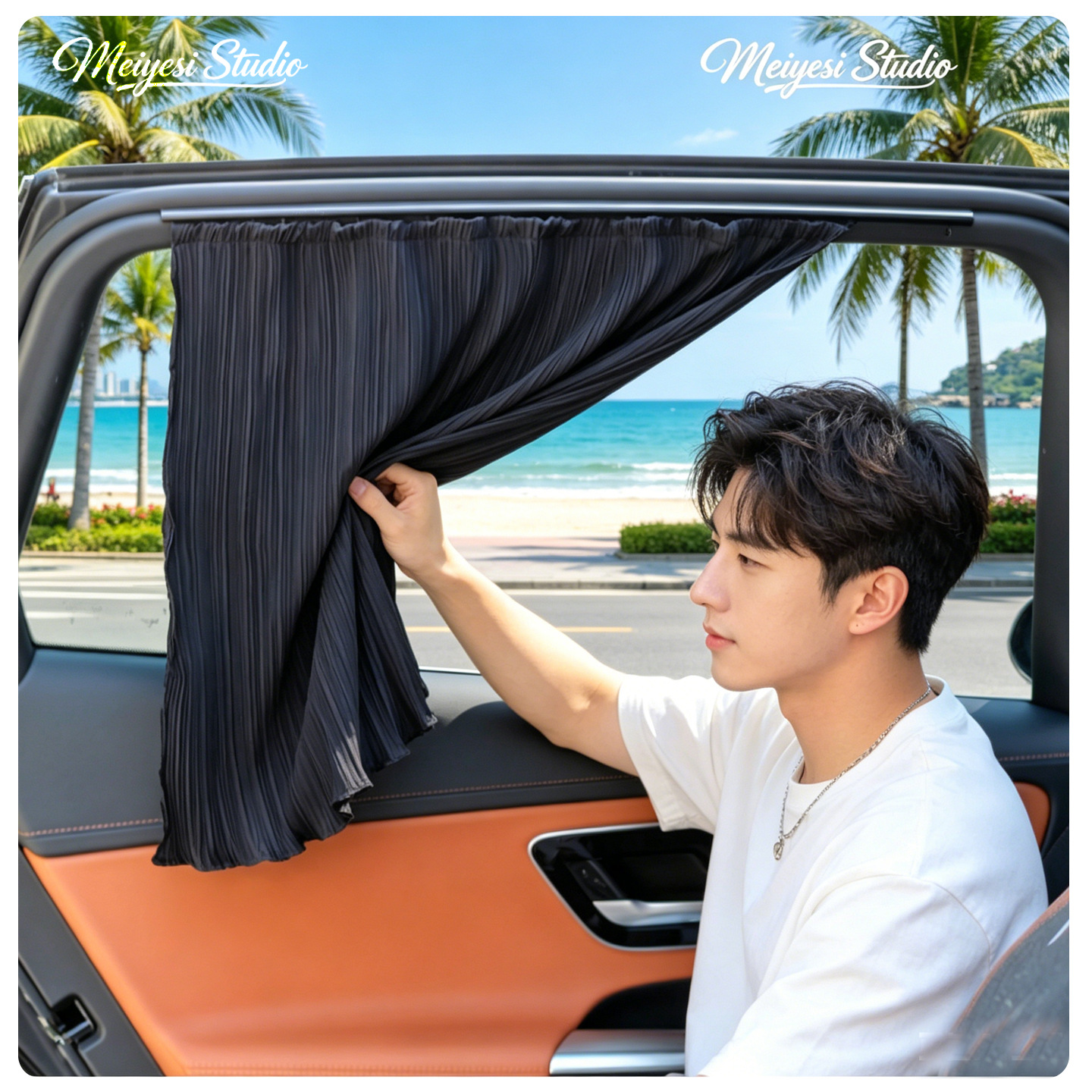 Summer Car Window Curtains, Pleated Fabric Sunshade Curtains, Creative Track-Style Blackout Curtains, Car Sun Protection and Heat Insulation Sunshades