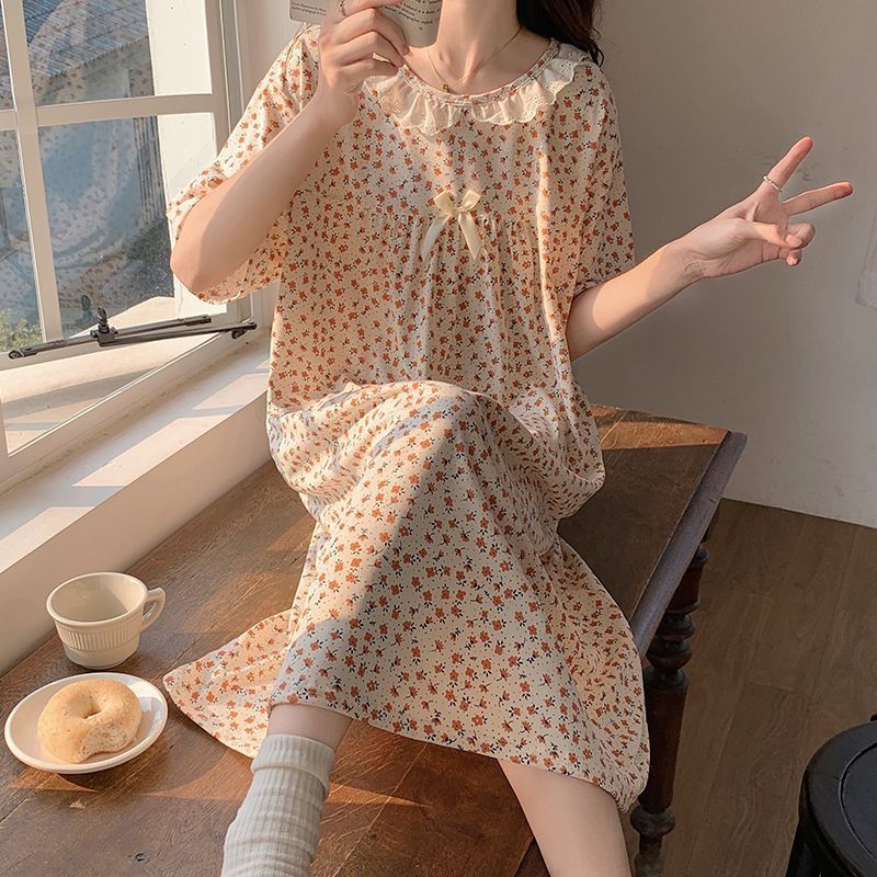 プリンセス風半袖ナイトガウン レディース 夏 スイートパジャマ ホームウェア ゆったり 薄手 外でも着られるナイトスカート|undefined
