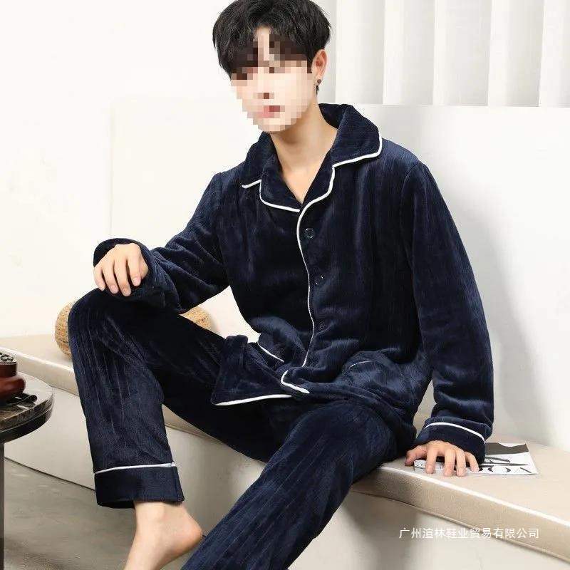 Pijama de hombre cuatro estaciones de flanel cuatro estaciones de coral de terciopelo conjunto de otoño y invierno juvenil calentamiento ropa de hogar grande