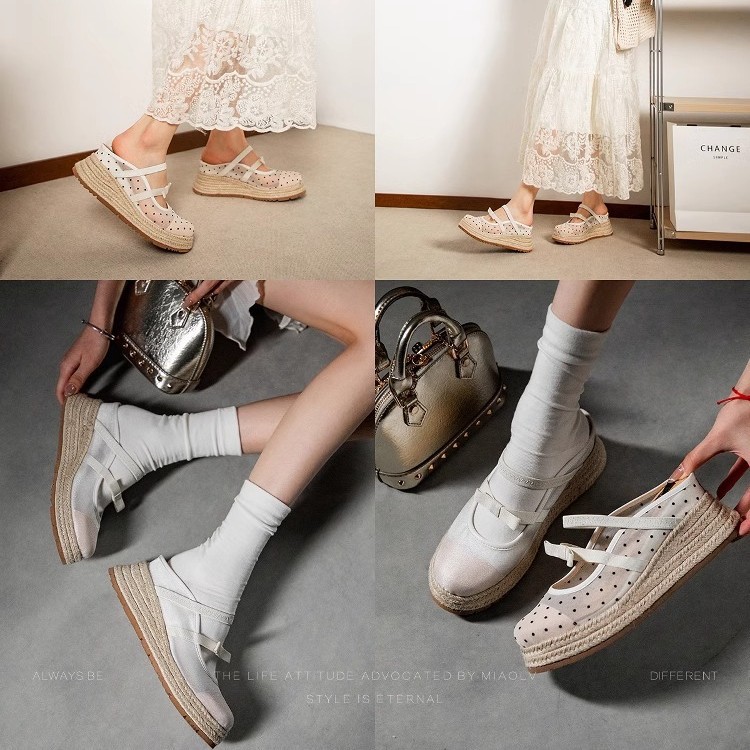 "Miao Lu" Luth mismo párrafo ~ Pantuflas de lino, mujer, ropa exterior de verano, malla, suela gruesa, cuña, sandalias de aumento interior