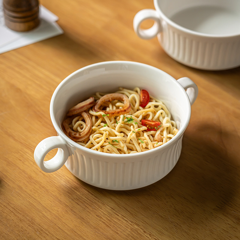 Tacos de cerámica coreana verticales de doble oreja simple cuenco de fideos redondo cuenco de ensalada de frutas caseras cuenco de yogur cubiertos