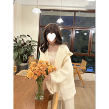 温柔风白色连帽宽松休闲水貂绒开衫毛衣女秋冬新款感软糯毛呢