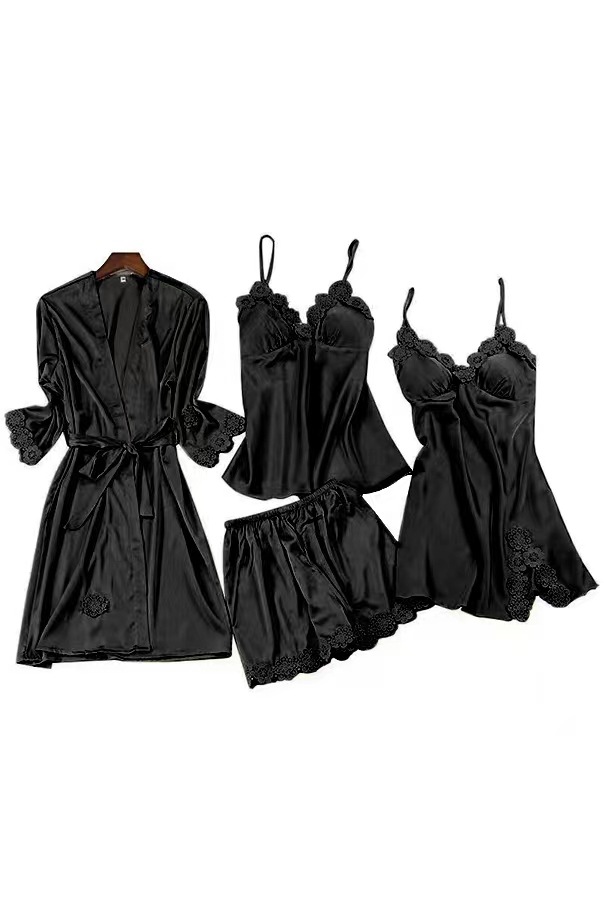 La primavera y el verano sexy sensación fresca cabestrillo cómodo Camisón con almohadilla en el pecho pijamas camisón de las mujeres traje de cuatro piezas desgaste del hogar