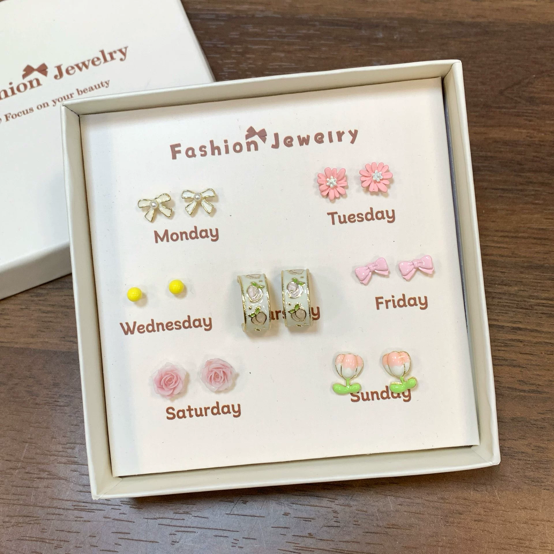Earrings gift box, custom summer set, cartoon silver‑needle studs for elementary students