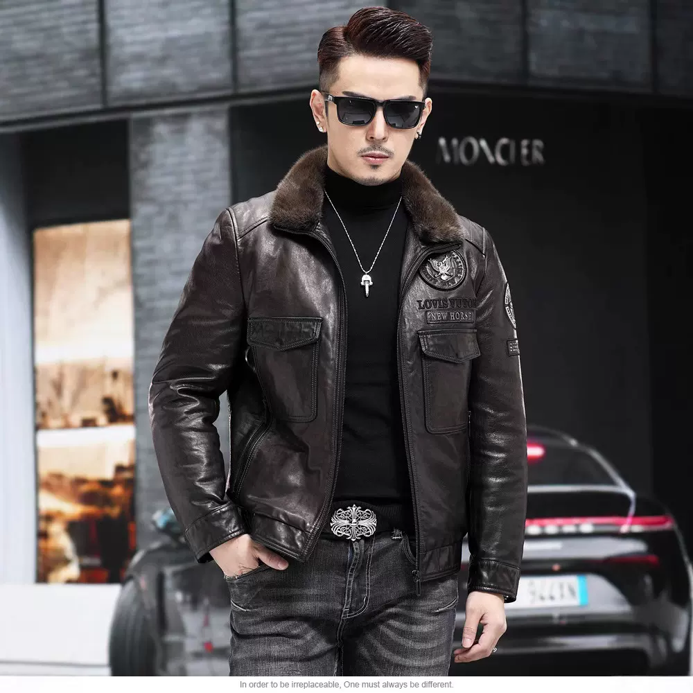 真皮皮衣男士头层牛皮双色羽绒服外套皮夹克冬季水貂领新款2023
