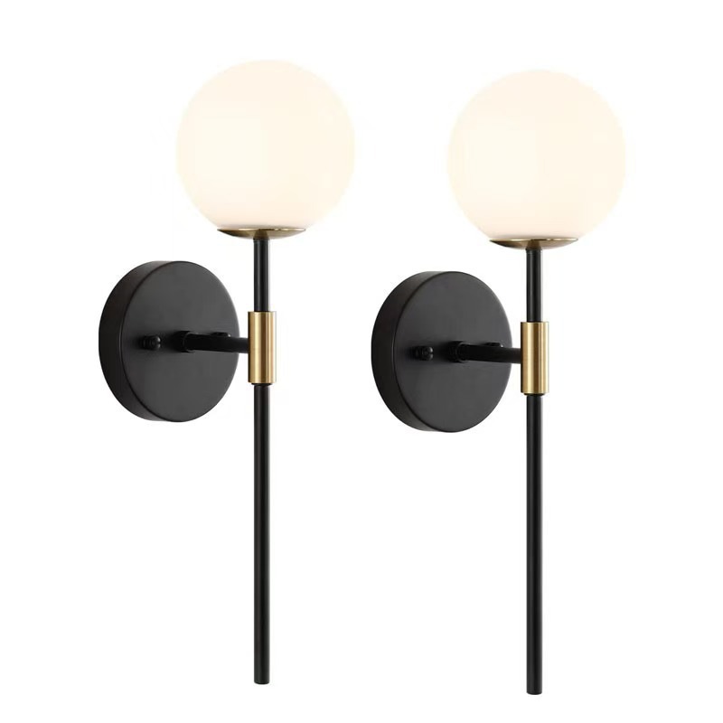 Lámpara de pared moderna moderna medieval minimalista posmoderna con pantalla de vidrio de bola blanca Lámpara de pared negra Lámpara de baño