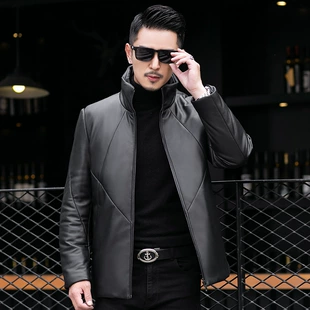 Warm jacket with down for leisure, genuine leather